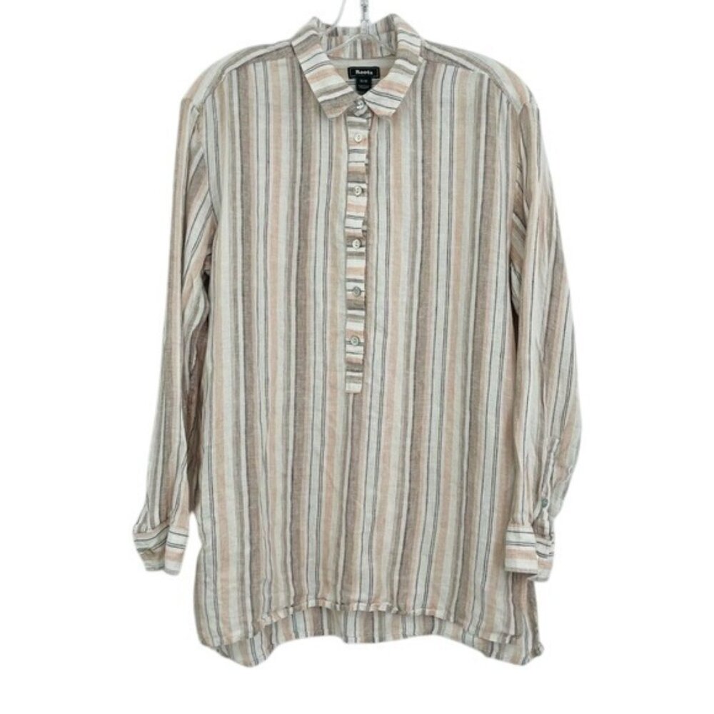 Roots 100% Linen Top Womens M Brown Stripe Tunic Popover Beach Lagenlook Earthy